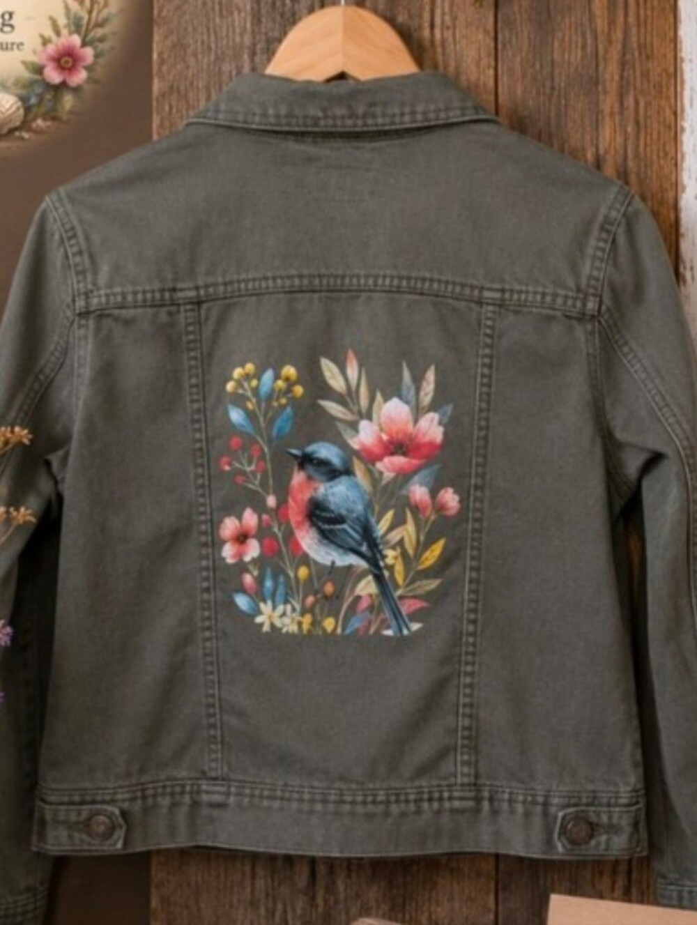Upcycled Jean Jacket | Old Navy | Women's L | Bird & Wildflower Nature Art